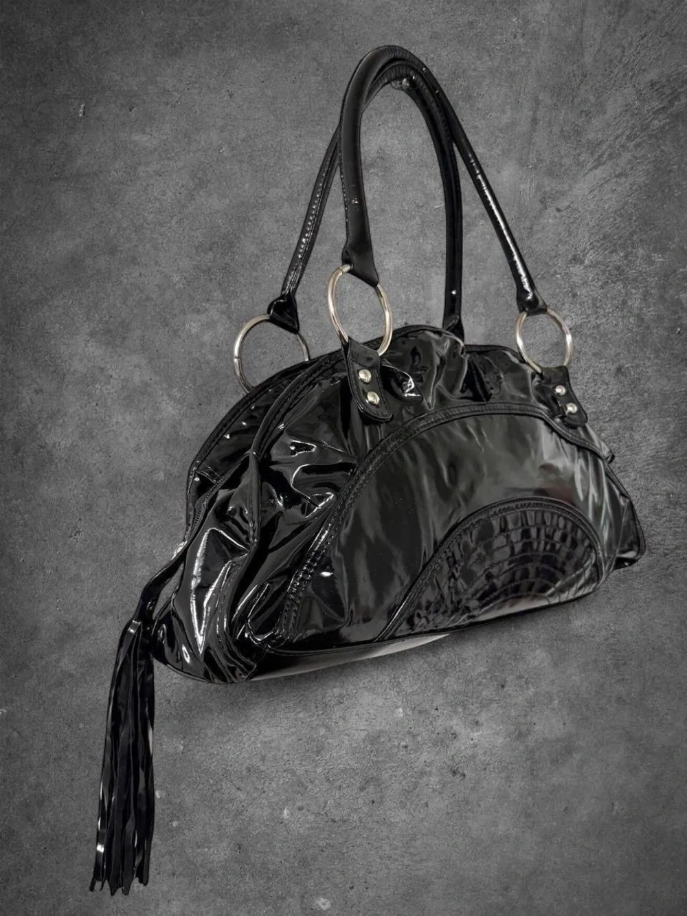Y2K Style Black Leather Silver Ring Shoulder Bag